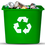 Caixa coletora verde para material reciclável com símbolo da Reciclagem